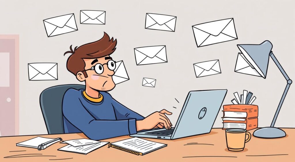 Create an image of a person sending emails to various websites for guest posting opportunities