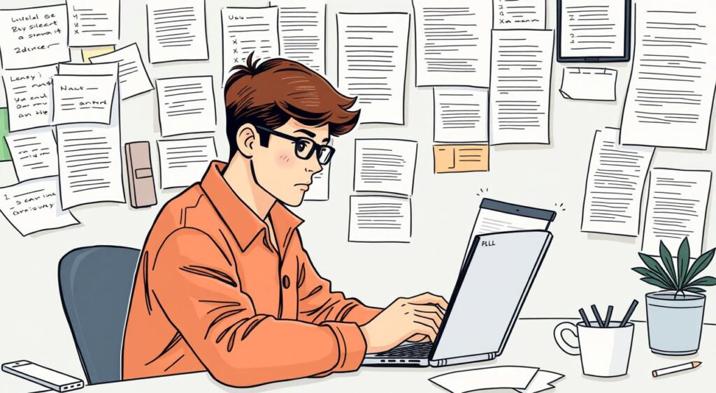 Generate an image of a person searching for guest posting opportunities on a computer